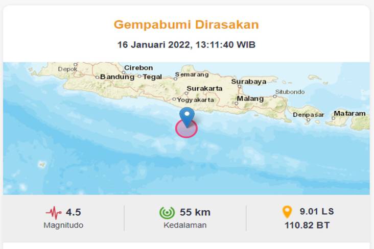 Gempa Magnitudo 4,5 Guncang Pacitan, Dirasakan hingga Bantul-Gunung Kidul