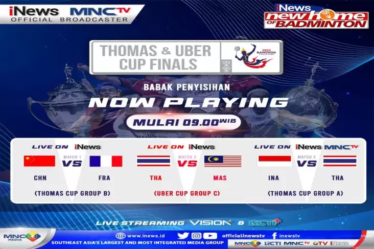 Thomas Cup 2022 Hari ini: Indonesia vs Tuan Rumah Thailand, LIVE di iNews dan MNCTV